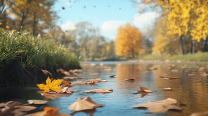 Tranquil Autumn Scene with Colorful Leaves Floating on a Calm River