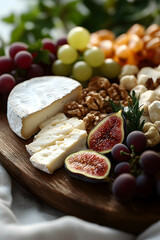 Wooden board with camembert cheese, figs, grapes, walnuts.