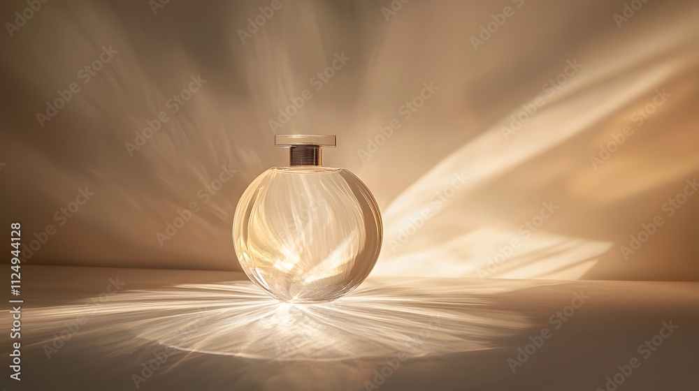 Aufkleber A minimalist circular perfume bottle with a translucent design, illuminated by soft backlighting.