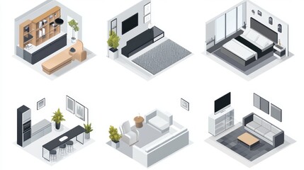 Vector isometric home rooms set. Rooms cross-sections. Bedroom, living room, kitchen, home office, dining room. Furniture and decoration. Modern and classic interior design