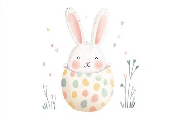 Obraz premium Adorable Bunny in Polka Dot Egg Shell, Watercolor Easter Illustration