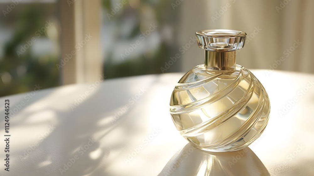 Poster a transparent perfume bottle with a unique spiral design, placed on a white surface with precise cin
