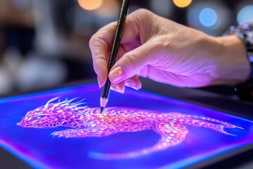 Obraz premium A magical drawing coming to life on paper, with fantasy creatures and glowing patterns emerging from the artistâ€™s pencil
