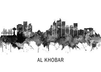 Obraz premium Al Khobar Saudi Arabia Skyline BW, landscape watercolor abstract painting print poster Heilongjiang travel illustration urban art modern downtown landmarks
