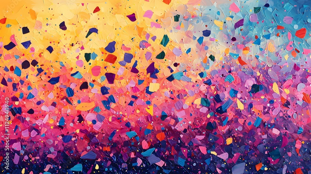 Poster Brightly colored confetti shapes scattered across a gradient background of sunset tones.