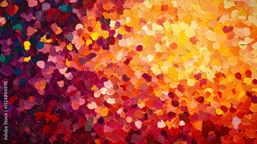 Poster brightly colored confetti shapes scattered across a gradient background of sunset tones.