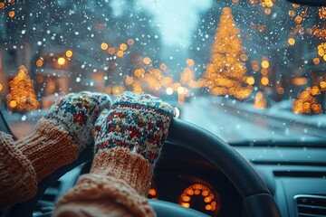 Snowy street drive with festive lights adorning trees.