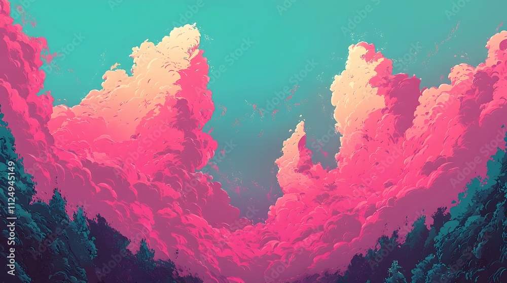 Poster Soft gradient clouds of magenta and teal, broken up by sharp, energetic shapes.