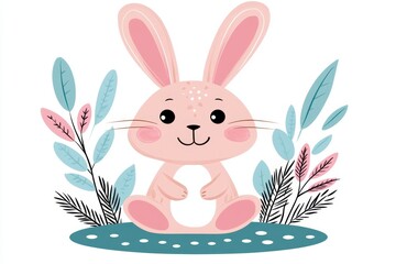 A minimalist flat design of a dwarf rabbit sitting on a patch of grass, drawn with clean lines and pastel colors