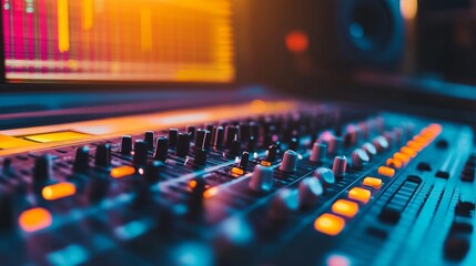 Mixing music soundboard control in studio digital audio production environment close-up viewpoint creative process