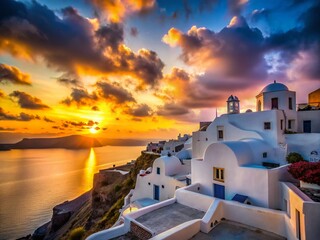 Obraz premium Captivating Silhouette of a White House in Oia City Against a Stunning Sunset Sky, Showcasing the Iconic Architecture and Tranquil Atmosphere of this Beautiful Destination