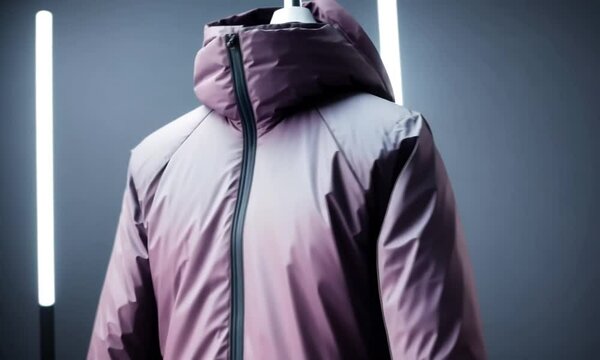 A stylish pink waterproof jacket hanging on a hanger, showcasing modern outdoor fashion.