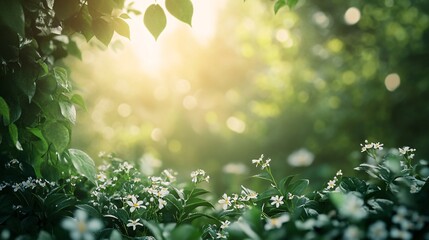 Beautiful white flowers blooming in magical forest during golden hour sunset