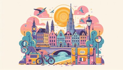 Naklejka premium Travel around the world Europe images of landmarks of big famous cities Bright illustration content created with generative AI software