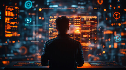 Cyberpunk Programmer: A lone programmer is immersed in a futuristic digital world, surrounded by glowing screens and intricate code. The image evokes a sense of mystery, innovation.