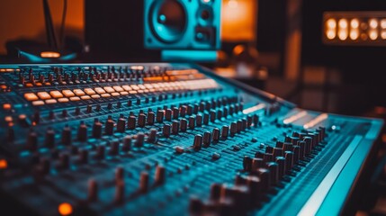 Music production process recording studio equipment showcase urban environment close-up view audio engineering concept