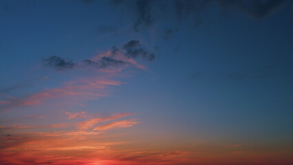 High cloud, twilight time. Different shades clouds across darkening blue horizon.