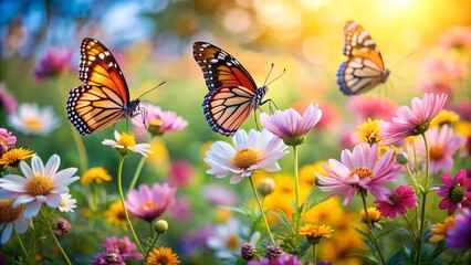 Colorful butterflies fluttering over a field of wildflowers in the springtime