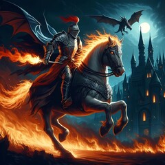 Obraz premium Knight of Fire in Armor Riding a Fire Horse.generative ai