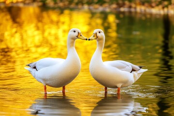 Obraz premium A pair of ducks standing side by side in shallow water, their reflections shimmering beneath them