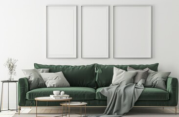 Green velvet sofa with three empty frames on a white wall
