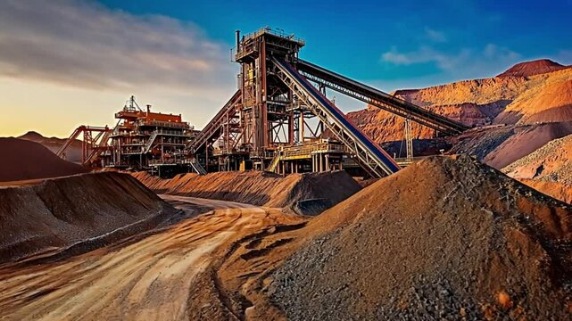 A sprawling mining operation with machinery and piles of earth illuminated by evening light. Concept of modern industry and the extensive scale of mining activities.