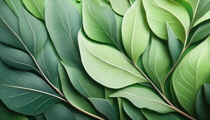 Green Leaves Pattern: Lush, vibrant green leaves arranged in a captivating pattern, evoking a sense of tranquility and natural beauty. This image is perfect for nature-inspired designs, branding.