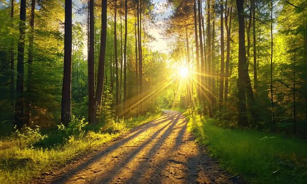 A sunlit forest path with long shadows at sunset.