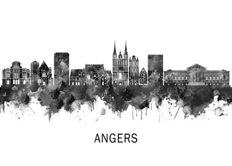 Obraz premium Angers France Skyline BW, landscape watercolor abstract painting print poster Heilongjiang travel illustration urban art modern downtown landmarks