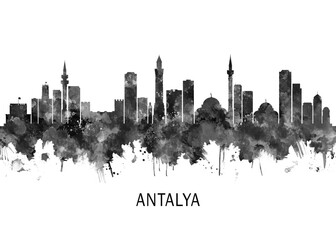 Obraz premium Antalya Turkey Skyline BW, landscape watercolor abstract painting print poster Heilongjiang travel illustration urban art modern downtown landmarks