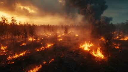 Wildfire erupts in forested area destructive blaze observed from above natural disaster impacting environment dramatic viewpoint