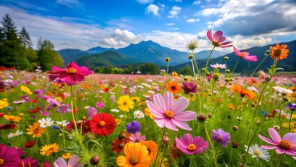 Obraz premium Colorful cosmos flowers blooming in a vibrant summer meadow