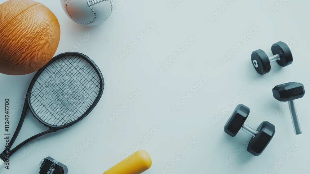 Poster various sports equipment such as a football, tennis racket, and dumbbells are neatly arranged with e