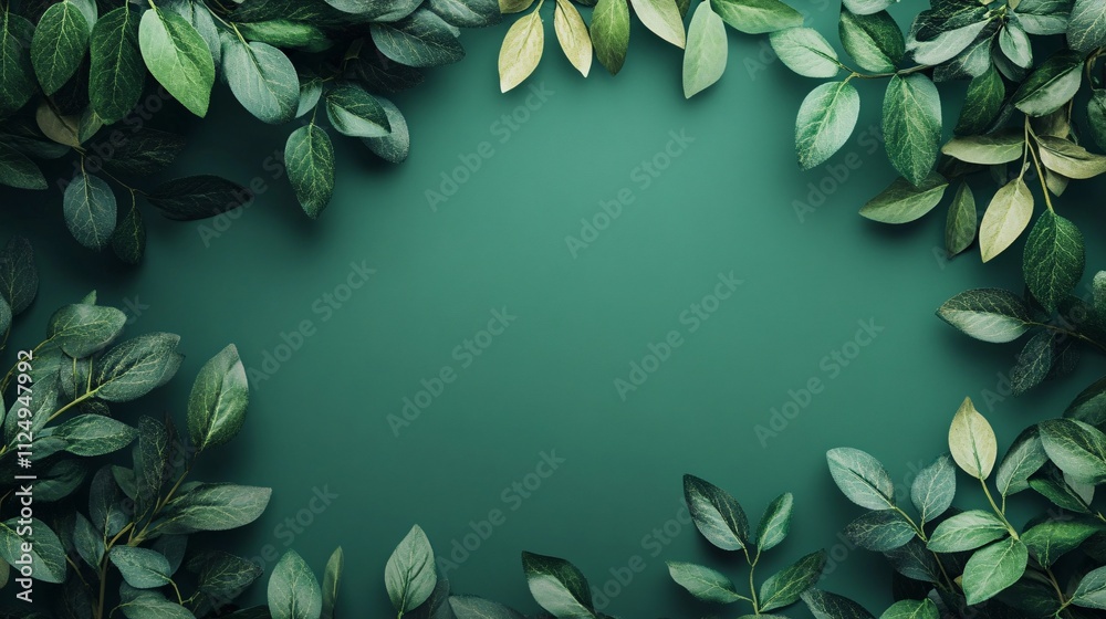 Poster green leaves bordering green background creating copy space