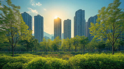 Fototapeta premium Urban Oasis at Sunset: Lush greenery thrives amidst a modern cityscape, bathed in the warm glow of the setting sun, creating a harmonious blend of nature and urban development. 