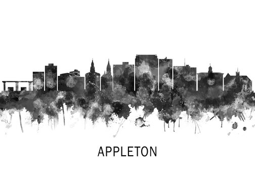 Appleton Wisconsin Skyline BW, landscape watercolor abstract painting print poster Heilongjiang travel illustration urban art modern downtown landmarks
