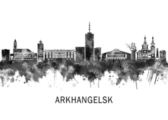 Naklejka premium Arkhangelsk Russia Skyline BW, landscape watercolor abstract painting print poster Heilongjiang travel illustration urban art modern downtown landmarks