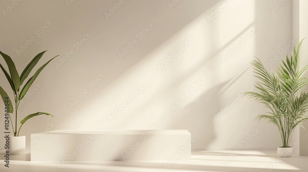 Poster sunlight illuminating empty white podium with plants for product presentation