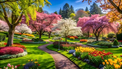 Naklejka premium Colorful park with a winding path and various flowers and trees