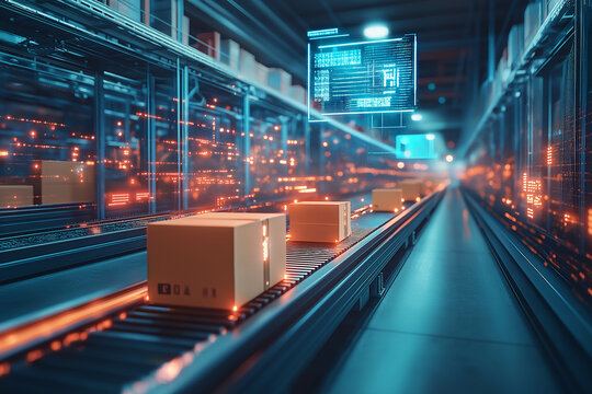 Modern automated warehouse with packages moving on conveyor belts. Generative AI