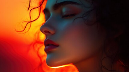 Naklejka premium Captivating Portrait of Woman in Vivid Red and Blue Neon Lights