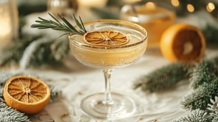 Festive Christmas cocktail scene showcasing a gold-rimmed glass with a citrus cocktail on ice, garnished with dried orange slices and a sprig of rosemary. Copy space. 