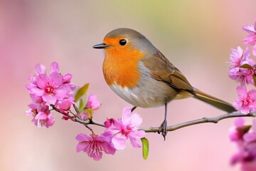 Obraz premium A serene photo of a dwarf bird, such as a finch, perched delicately on a thin branch surrounded by soft-focus blossoms