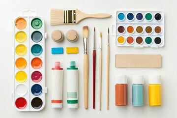 Colorful art supplies on a white background.