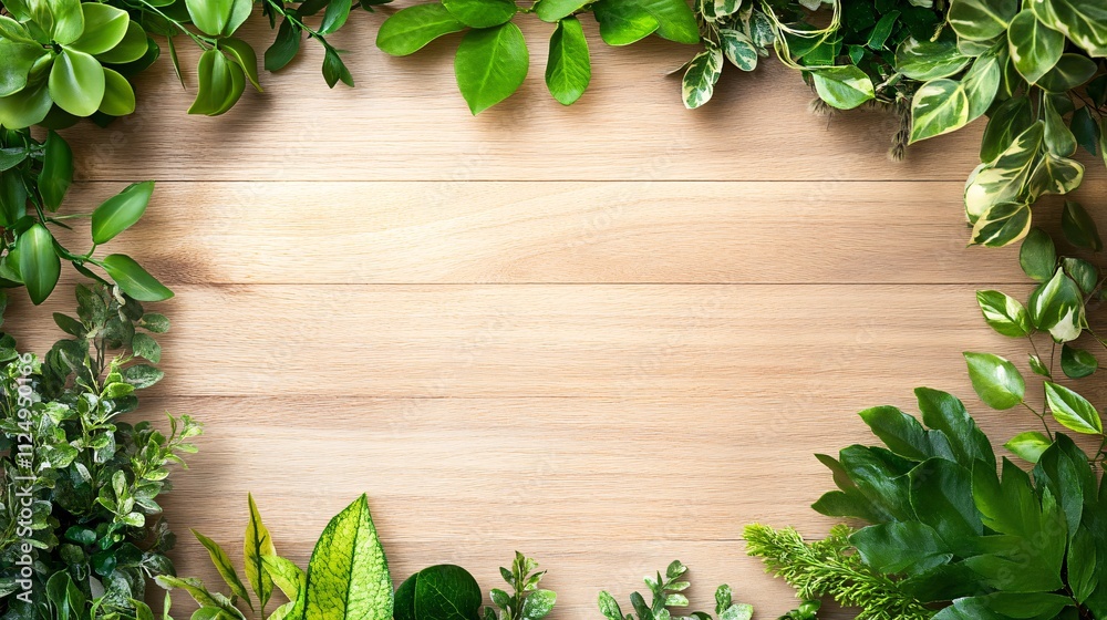 Poster green leaves bordering wooden background creating copy space