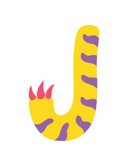 Dinosaur alphabet symbol. Letter J of English alphabet shaped as dino. Children colorful cartoon funny fictional character ABC. Vector flat icon isolated on white background