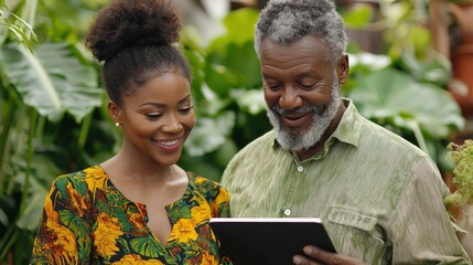 Happy Diverse Couple Using Tablet in Garden