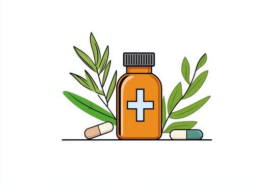 A simple design of a medicine bottle with a bold cross symbol, drawn in clean lines and pastel tones