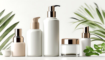 Elegant skincare containers arranged with greenery, showcasing modern aesthetic. These refillable bottles and jars highlight sustainability and beauty in serene setting