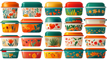 Colorful reusable food containers with floral designs, perfect for meal prep and storage. These vibrant containers add touch of nature to your kitchen organization
